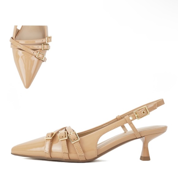 Soda Shoes - Camel Tan Patent Slingback kitten Heels
